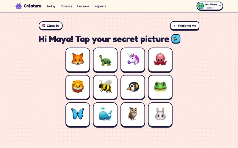 A child's sign-in screen: “Hi Maya! Tap your secret picture” above a grid of twelve animal pictures, with a “That's not me” button.