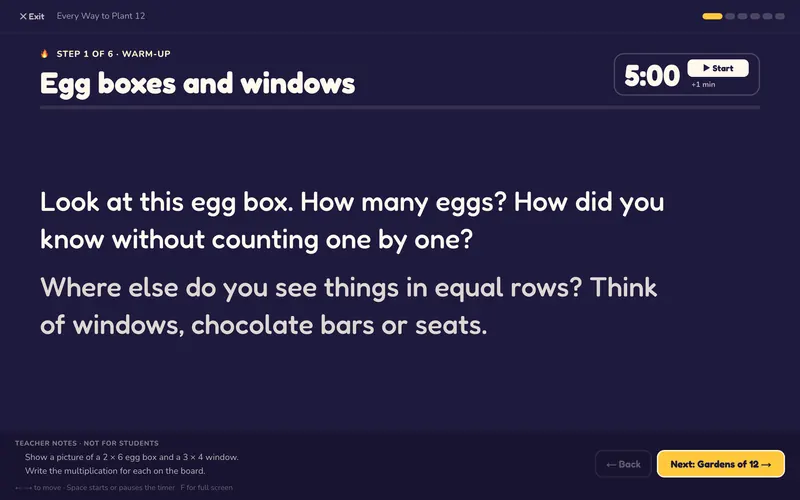 A lesson on the board: step 1 of 6, a warm-up called “Egg boxes and windows” with questions for the class, a five-minute timer, and teacher notes at the bottom.