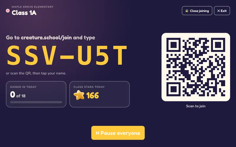 The projector view for Class 1A: the class code SSV-U5T in huge letters, a QR code to scan, a count of students signed in today, the class stars today, and a big “Pause everyone” button.