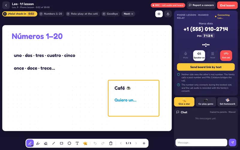 The lesson room during a phone lesson with Leo: a whiteboard with Spanish numbers, the lesson's four steps along the top, a masked phone number to dial, buttons to give a star, co-play a game or set homework, and a chat panel.