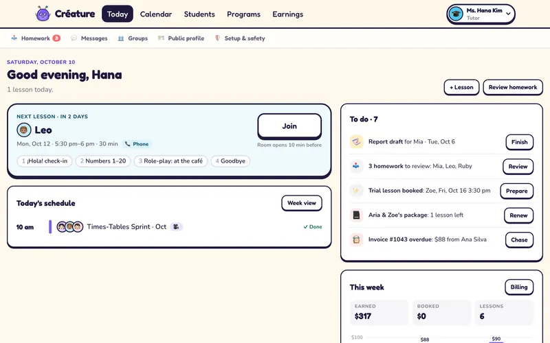 A tutor's Today screen: the next lesson with Leo and its four steps, today's schedule, a to-do list (a report draft, homework to review, a trial lesson, a package with one lesson left, an overdue invoice) and this week's earnings.